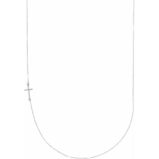 Sterling Silver .04 CTW Natural Diamond Off-Center Sideways Cross 16" Necklace  