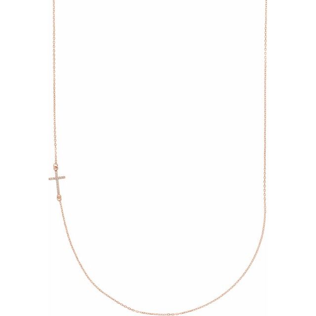 14K Rose Gold .04 CTW Natural Diamond Off-Center Sideways Cross 16" Necklace  