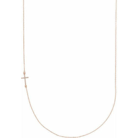 14K Rose Gold .04 CTW Natural Diamond Off-Center Sideways Cross 16" Necklace  