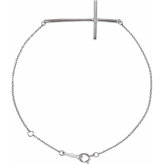 Platinum .025 CT Natural Diamond Sideways Cross 7-8" Bracelet