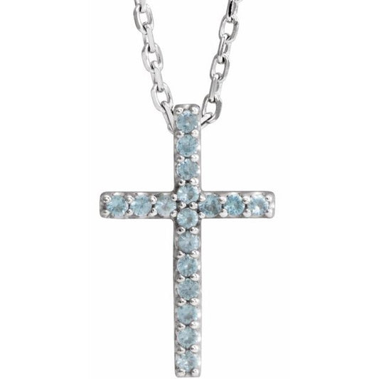 14K White Gold Natural Swiss Blue Topaz Petite Cross 16" Necklace