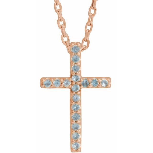 14K Rose Gold Natural Swiss Blue Topaz Petite Cross 16" Necklace