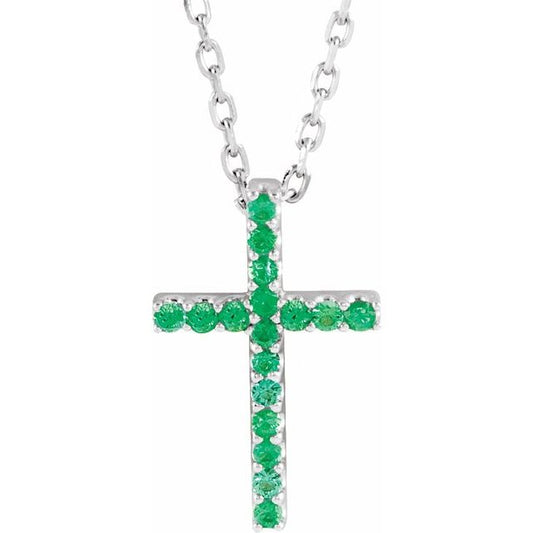 14K White Gold Natural Emerald Petite Cross 16" Necklace