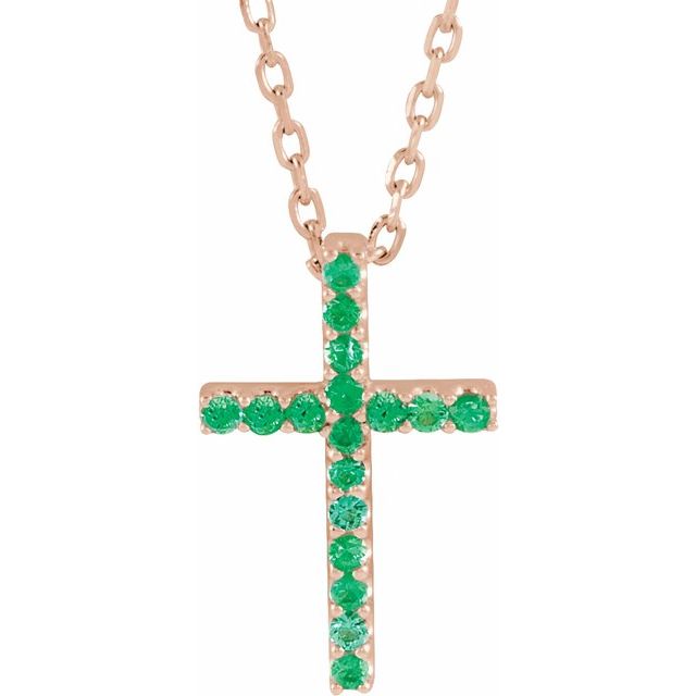 14K Rose Gold Natural Emerald Petite Cross 16" Necklace