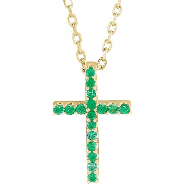 14K Yellow Gold Natural Emerald Petite Cross 16" Necklace