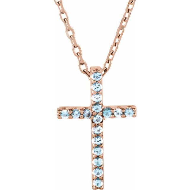 14K Rose Gold Natural Aquamarine Petite Cross 16" Necklace