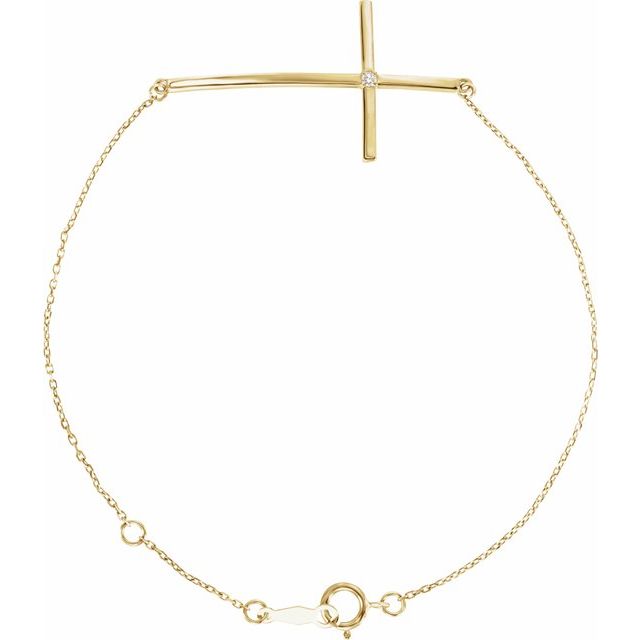 14K Yellow Gold .025 CT Natural Diamond Sideways Cross 7-8" Bracelet