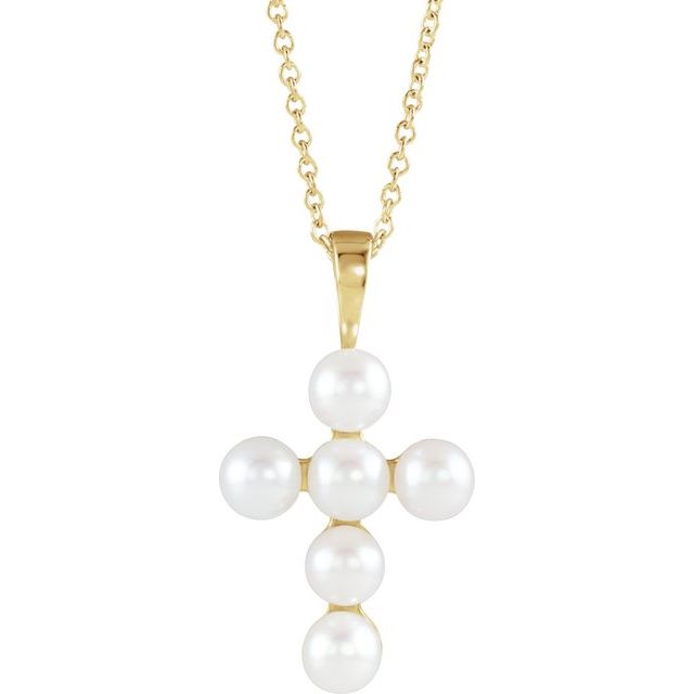14K Yellow Gold Cultured White Freshwater Pearl Cross 16-18" Necklace