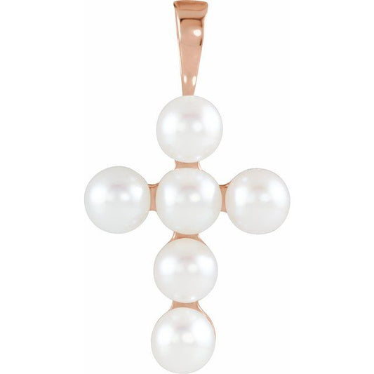 14K Rose Gold Cultured White Freshwater Pearl Cross Pendant