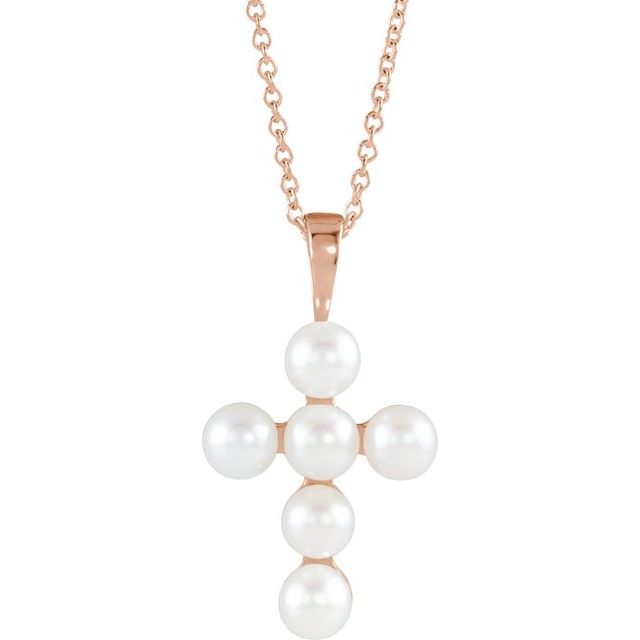 14K Rose Gold Cultured White Freshwater Pearl Cross 16-18" Necklace