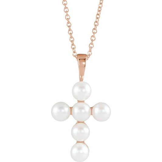 14K Rose Gold Cultured White Freshwater Pearl Cross 16-18" Necklace
