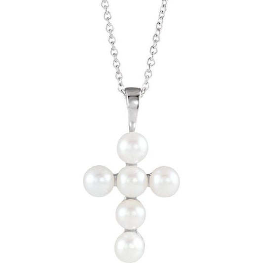 14K White Gold Cultured White Freshwater Pearl Cross 16-18" Necklace