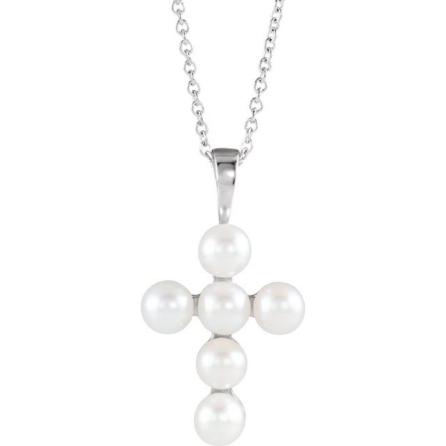 Platinum Cultured White Freshwater Pearl Cross 16-18" Necklace