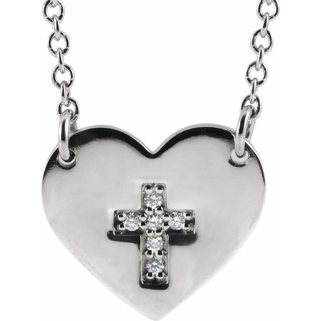 14K White Gold .02 CTW Natural Diamond Heart & Cross 16-18" Necklace