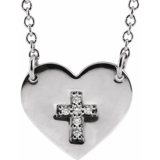 Sterling Silver .02 CTW Natural Diamond Heart & Cross 16-18" Necklace