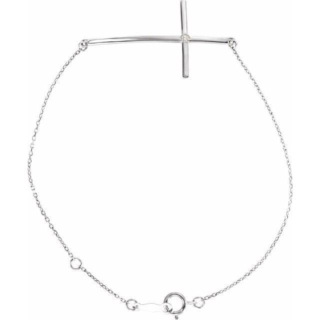 14K White Gold .025 CT Natural Diamond Sideways Cross 7-8" Bracelet