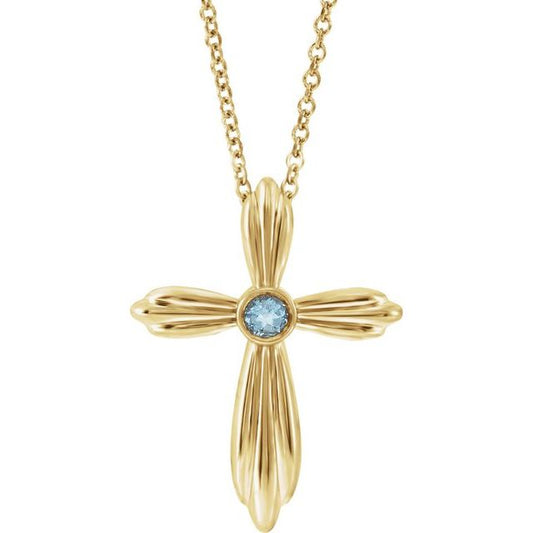 14K Yellow Gold Natural Aquamarine Cross 16-18" Necklace