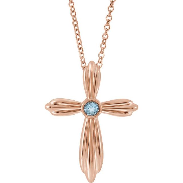 14K Rose Gold Natural Aquamarine Cross 16-18" Necklace