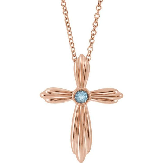 14K Rose Gold Natural Aquamarine Cross 16-18" Necklace