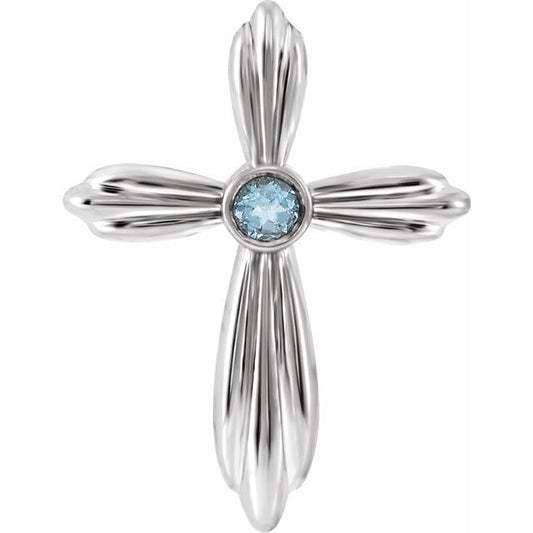 14K White Gold Natural Aquamarine Cross Pendant