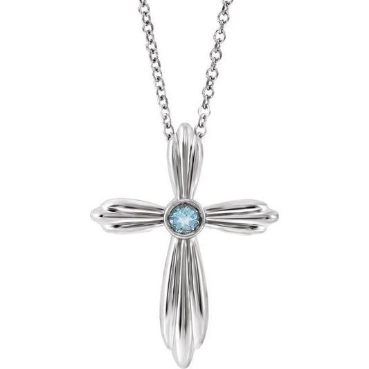 Platinum Natural Aquamarine Cross 16-18" Necklace