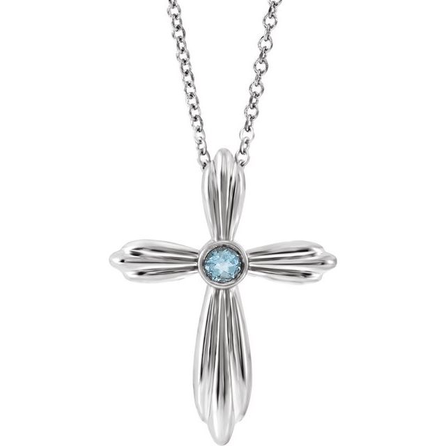 Sterling Silver Natural Aquamarine Cross 16-18" Necklace