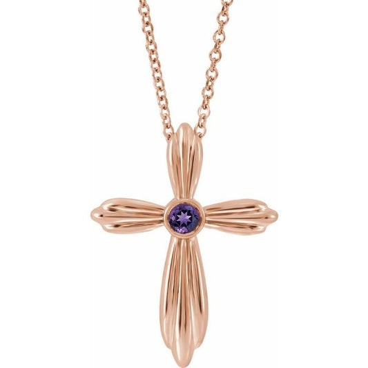 14K Rose Gold Natural Amethyst Cross 16-18" Necklace