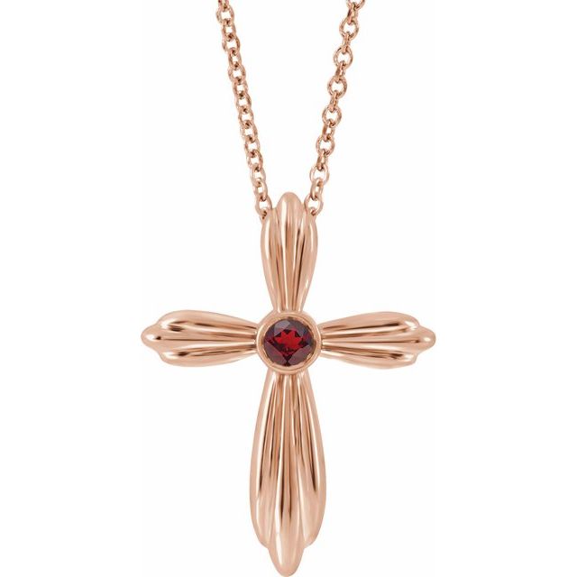 14K Rose Gold Natural Mozambique Garnet Cross 16-18" Necklace