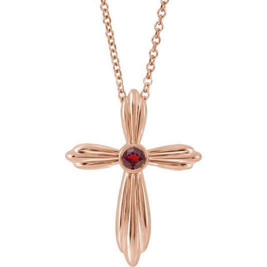 14K Rose Gold Natural Mozambique Garnet Cross 16-18" Necklace