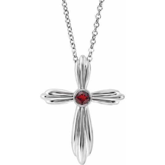 Platinum Natural Mozambique Garnet Cross 16-18" Necklace