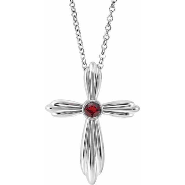 Sterling Silver Natural Mozambique Garnet Cross 16-18" Necklace