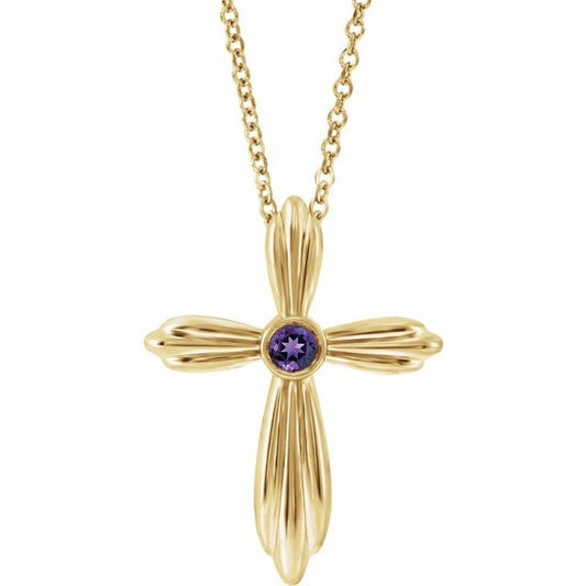 14K Yellow Gold Natural Amethyst Cross 16-18" Necklace