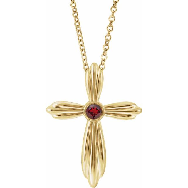 14K Yellow Gold Natural Mozambique Garnet Cross 16-18" Necklace
