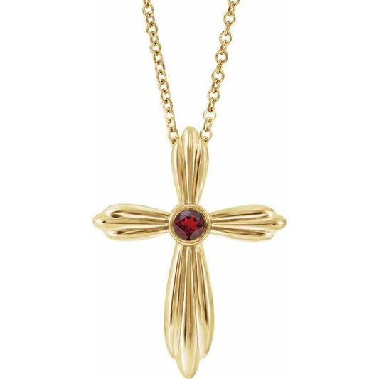 14K Yellow Gold Natural Mozambique Garnet Cross 16-18" Necklace