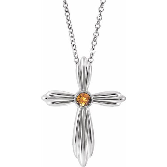 Sterling Silver Natural Citrine Cross 16-18" Necklace