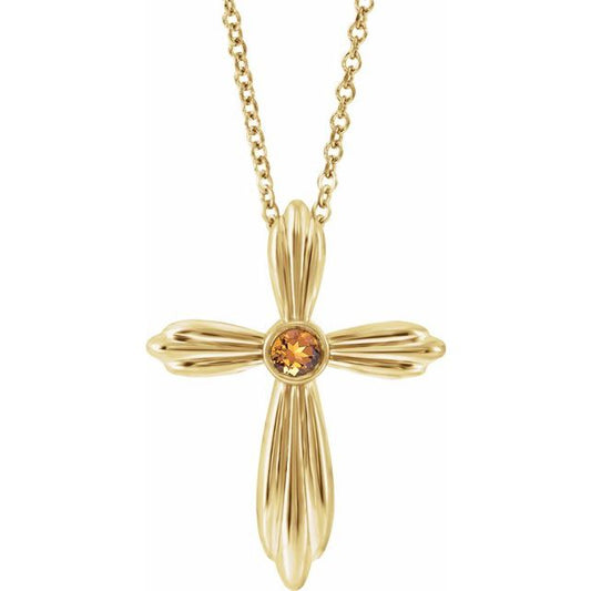 14K Yellow Gold Natural Citrine Cross 16-18" Necklace