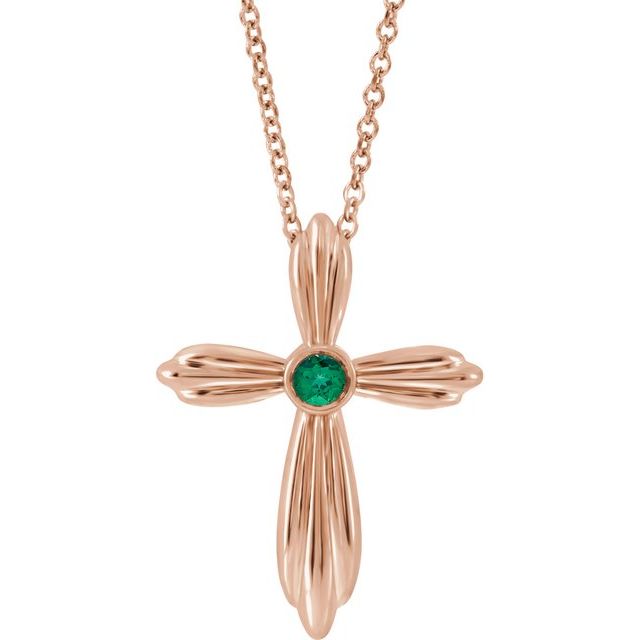 14K Rose Gold Natural Emerald Cross 16-18" Necklace