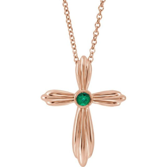 14K Rose Gold Natural Emerald Cross 16-18" Necklace