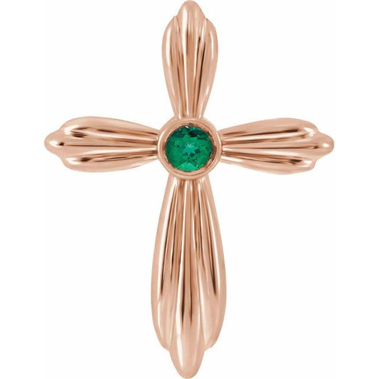 14K Rose Gold Natural Emerald Cross Pendant