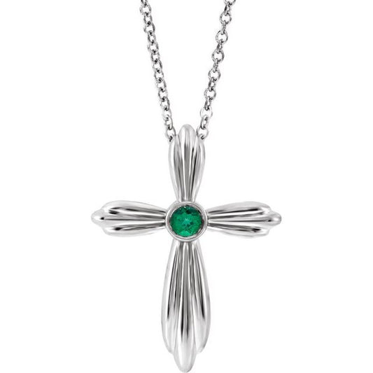 Platinum Natural Emerald Cross 16-18" Necklace