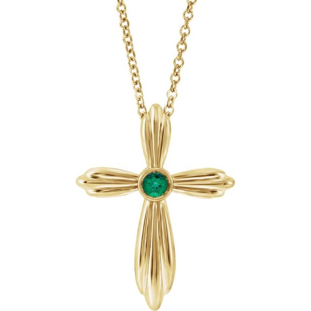 14K Yellow Gold Natural Emerald Cross 16-18" Necklace