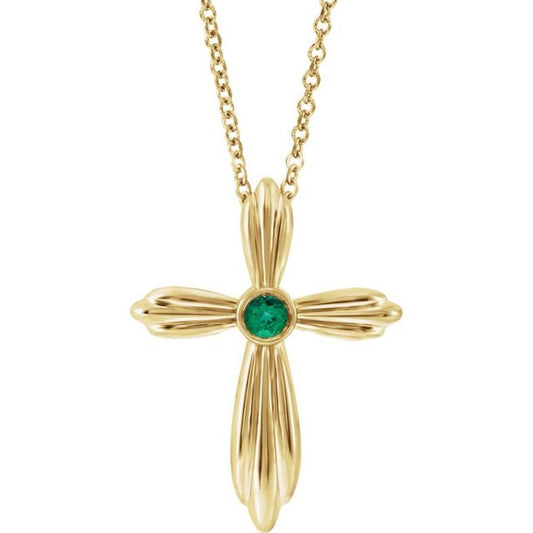 14K Yellow Gold Natural Emerald Cross 16-18" Necklace