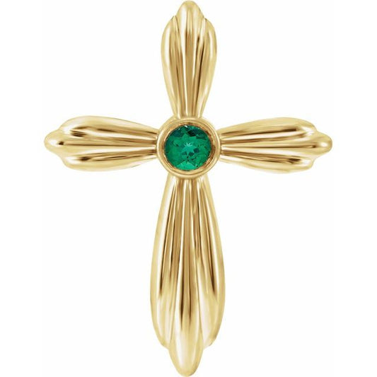 14K Yellow Gold Natural Emerald Cross Pendant