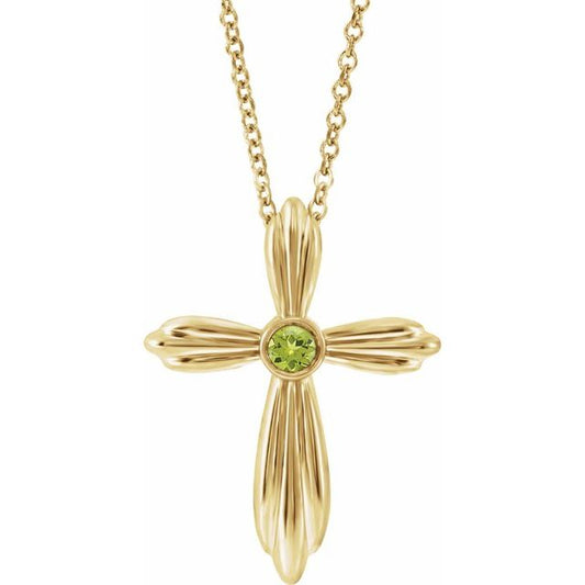 14K Yellow Gold Natural Peridot Cross 16-18" Necklace