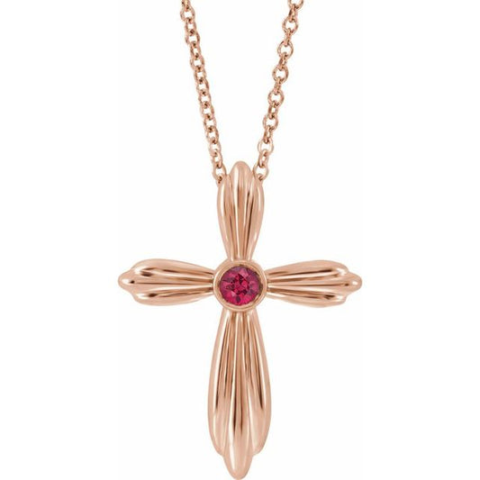 14K Rose Gold Natural Ruby Cross 16-18" Necklace