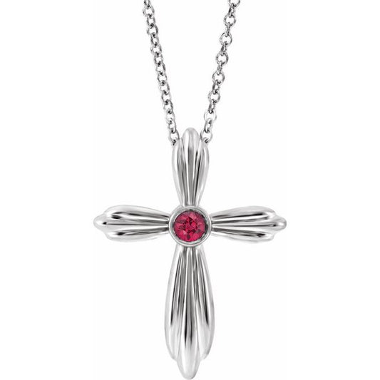 Sterling Silver Natural Ruby Cross 16-18" Necklace