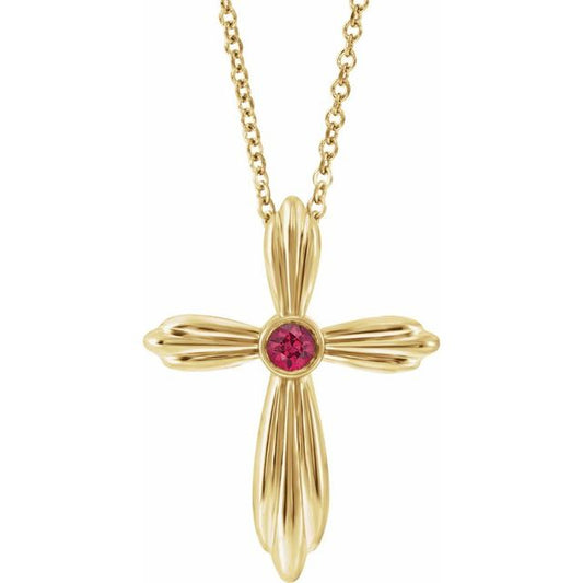 14K Yellow Gold Natural Ruby Cross 16-18" Necklace