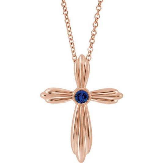 14K Rose Gold Natural Blue Sapphire Cross 16-18" Necklace
