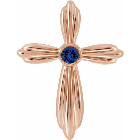 14K Rose Gold Natural Blue Sapphire Cross Pendant