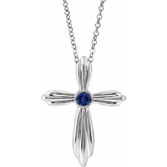 Sterling Silver Natural Blue Sapphire Cross 16-18" Necklace